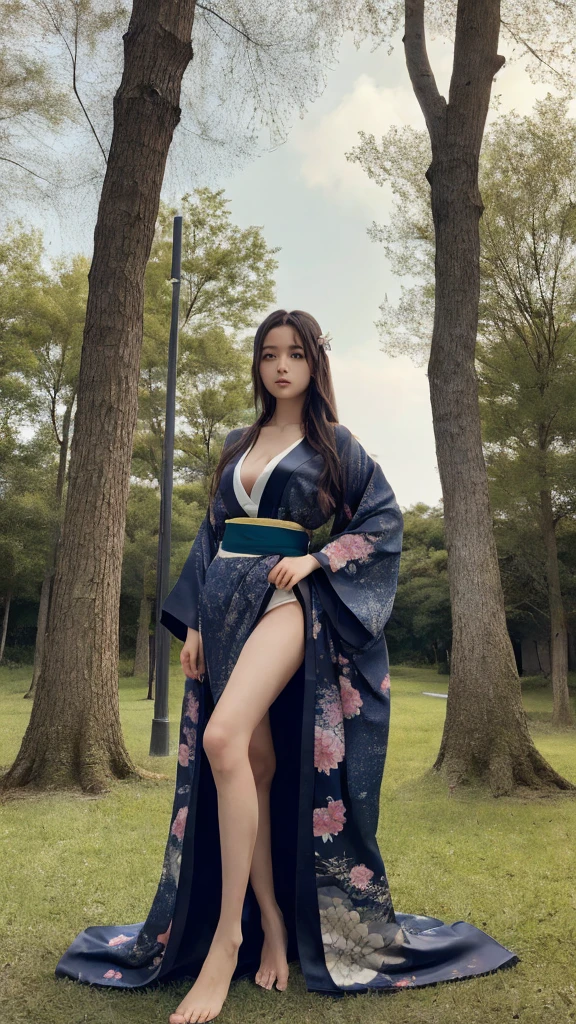 Seductive and mysterious girl with long black hair, Big Breasts:1.0, Slanderous Body, Dress in traditional Japan costumes, Standing in the moonlit forest. This illustration was inspired by the manga series character Ragawa Kiriko.。 "Akatsuki no Yona". The artwork is highly detailed and realistic, The intricate patterns of the kimono and soft lighting. Created by artist WLOP using digital painting techniques. (Concept Art, 4K resolution)
