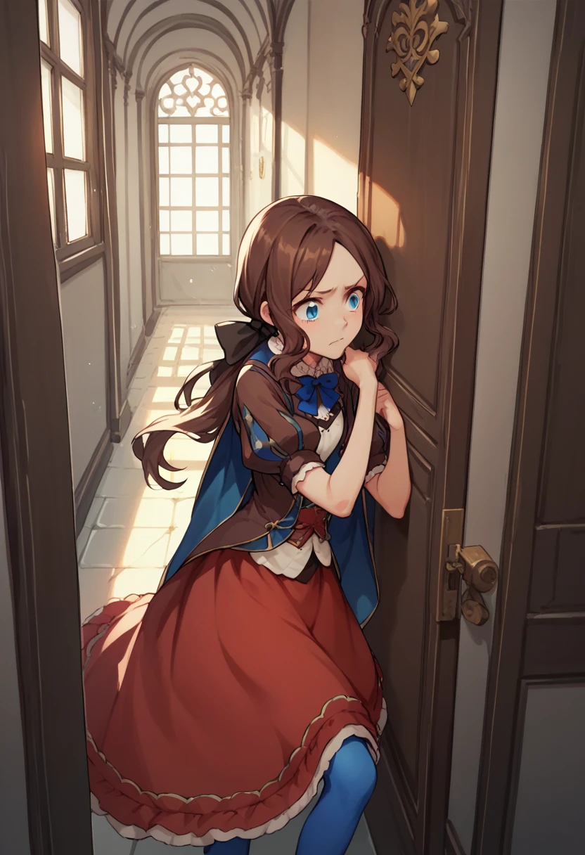 One girl, blue eyes, Long Hair, Brown Hair, Side Lock, Low Ponytail, ribbon, dress, White shirt, Puffy sleeves, Short sleeve, Red Skirt, Cape, Blue Pantyhose, corridor,Being dragged through the door