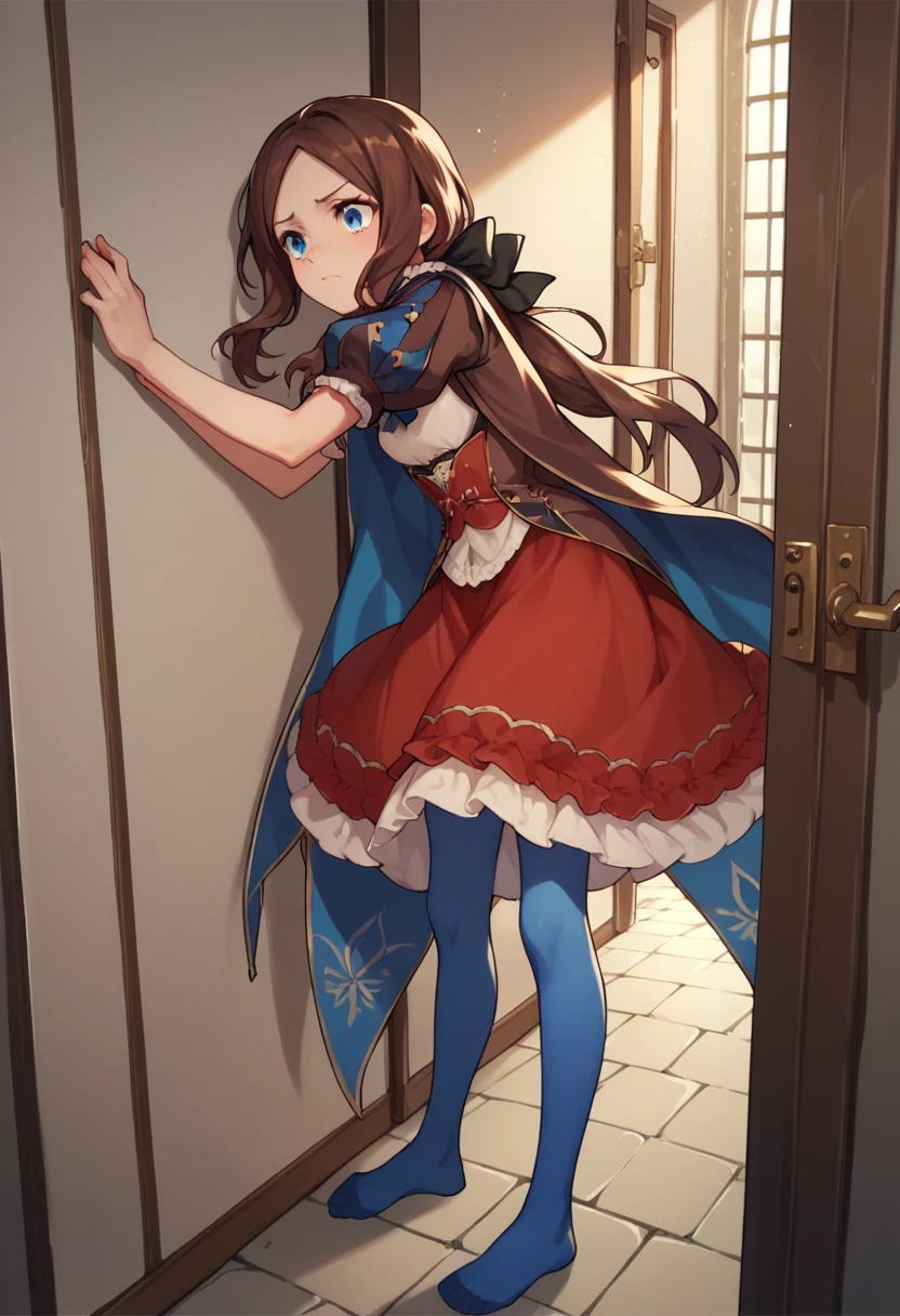 One girl, blue eyes, Long Hair, Brown Hair, Side Lock, Low Ponytail, ribbon, dress, White shirt, Puffy sleeves, Short sleeve, Red Skirt, Cape, Blue Pantyhose, corridor,Being dragged through the door