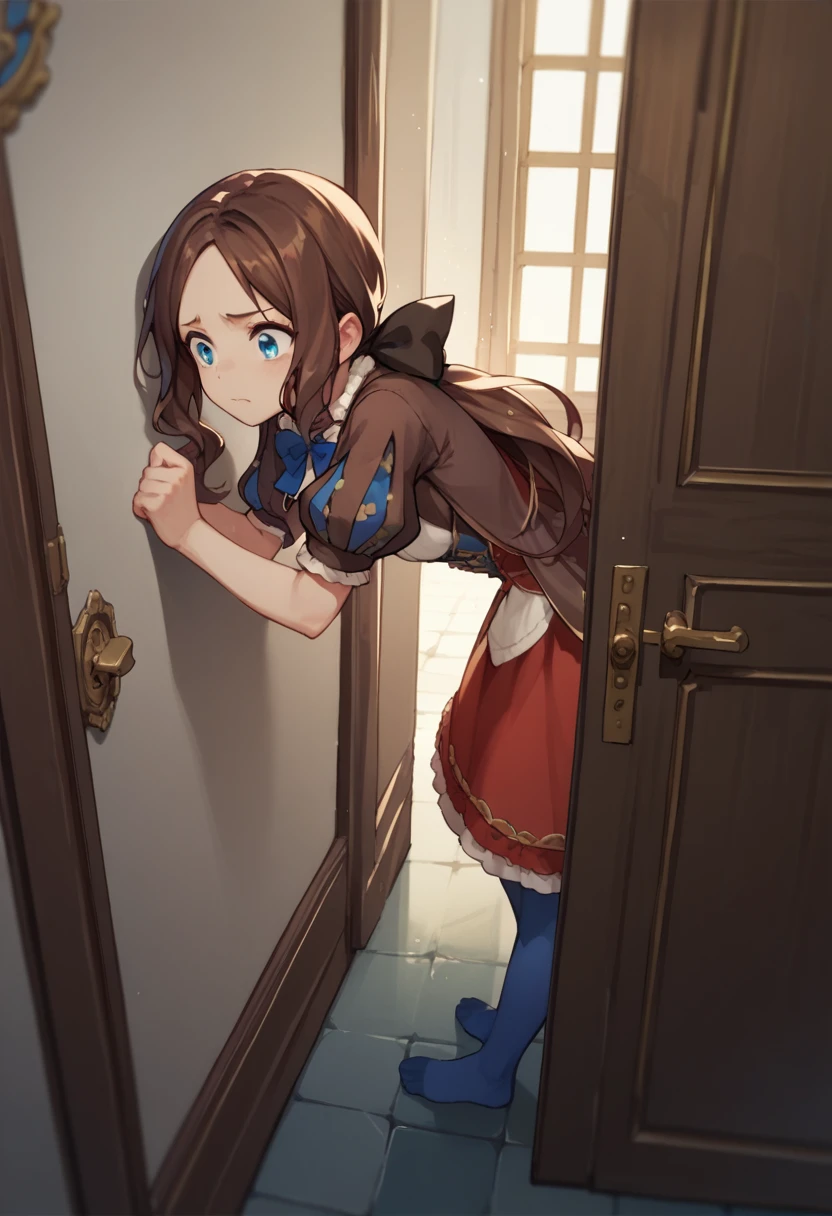 One girl, blue eyes, Long Hair, Brown Hair, Side Lock, Low Ponytail, ribbon, dress, White shirt, Puffy sleeves, Short sleeve, Red Skirt, Cape, Blue Pantyhose, corridor,Being dragged through the door