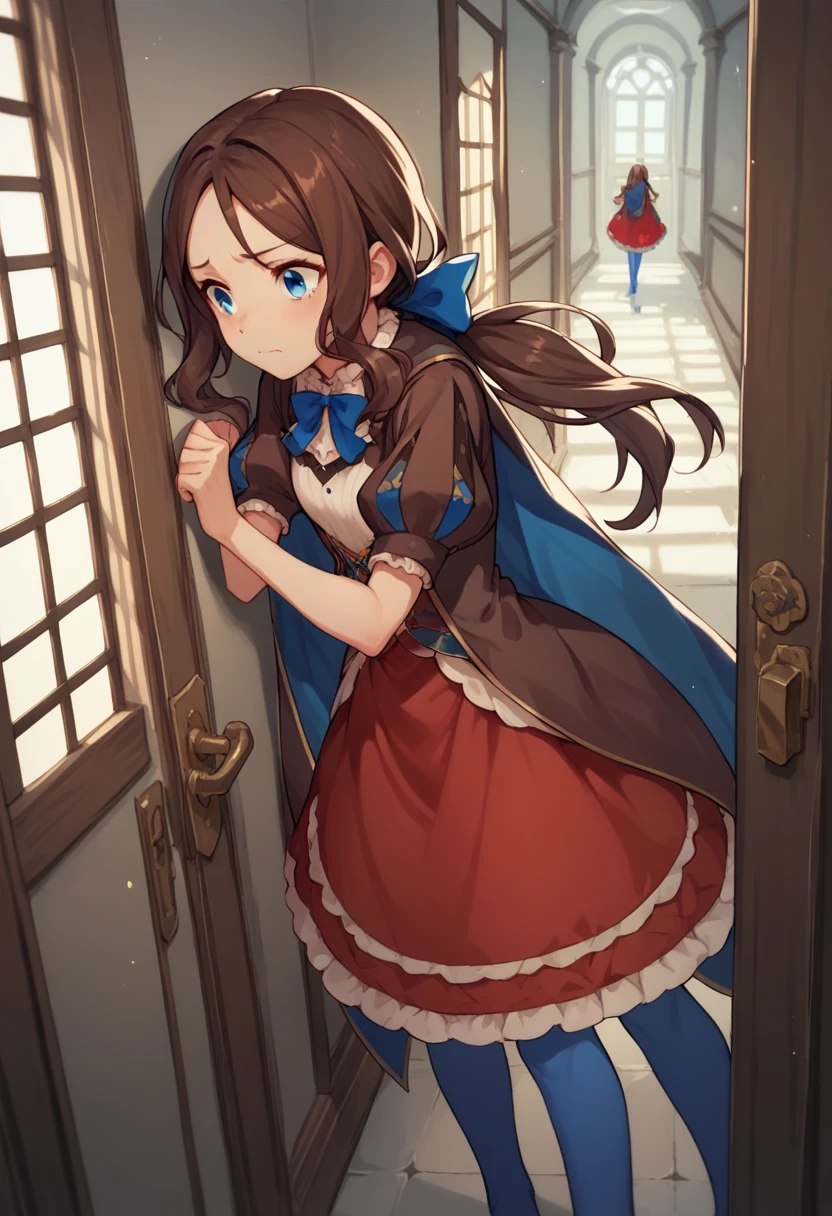One girl, blue eyes, Long Hair, Brown Hair, Side Lock, Low Ponytail, ribbon, dress, White shirt, Puffy sleeves, Short sleeve, Red Skirt, Cape, Blue Pantyhose, corridor,Being dragged through the door