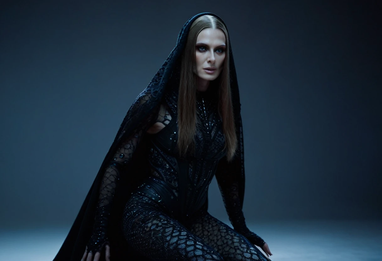 Fashionable of androgynous alien looking witch wearing veil, glowing eyes, beautiful evil slavic muscular woman, pale skin, long hair, futuristic design, minimal details, givenchy, photoreal, 200mm, hd, f/ 2.0, highly detailed, surreal, sitting, light smile, simple black stylish clothes, a slight smiledrop dead, in the style of red and blue, (intricate details, hyperdetailed:1.15) (skin texture:1.2), cinematic, professional, 4k, (((dynamic model pose))), sitting, full body, mesmerizing, dynamic, dramatic, dynamic pose, highly detailed skin with hair, subcutaneous veins, light and shadow play, highly detailed,24mm photograph, bokeh, professional, 4k,