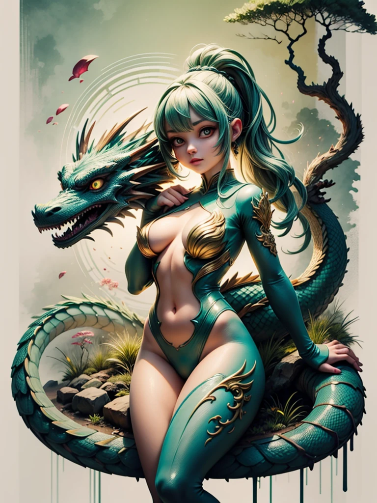 A super-realistic and beautiful female dragon that blends in with the forest, Predominant green color, Highest quality, 8K, Bioluminescence lighting, Drawing with a pencil.