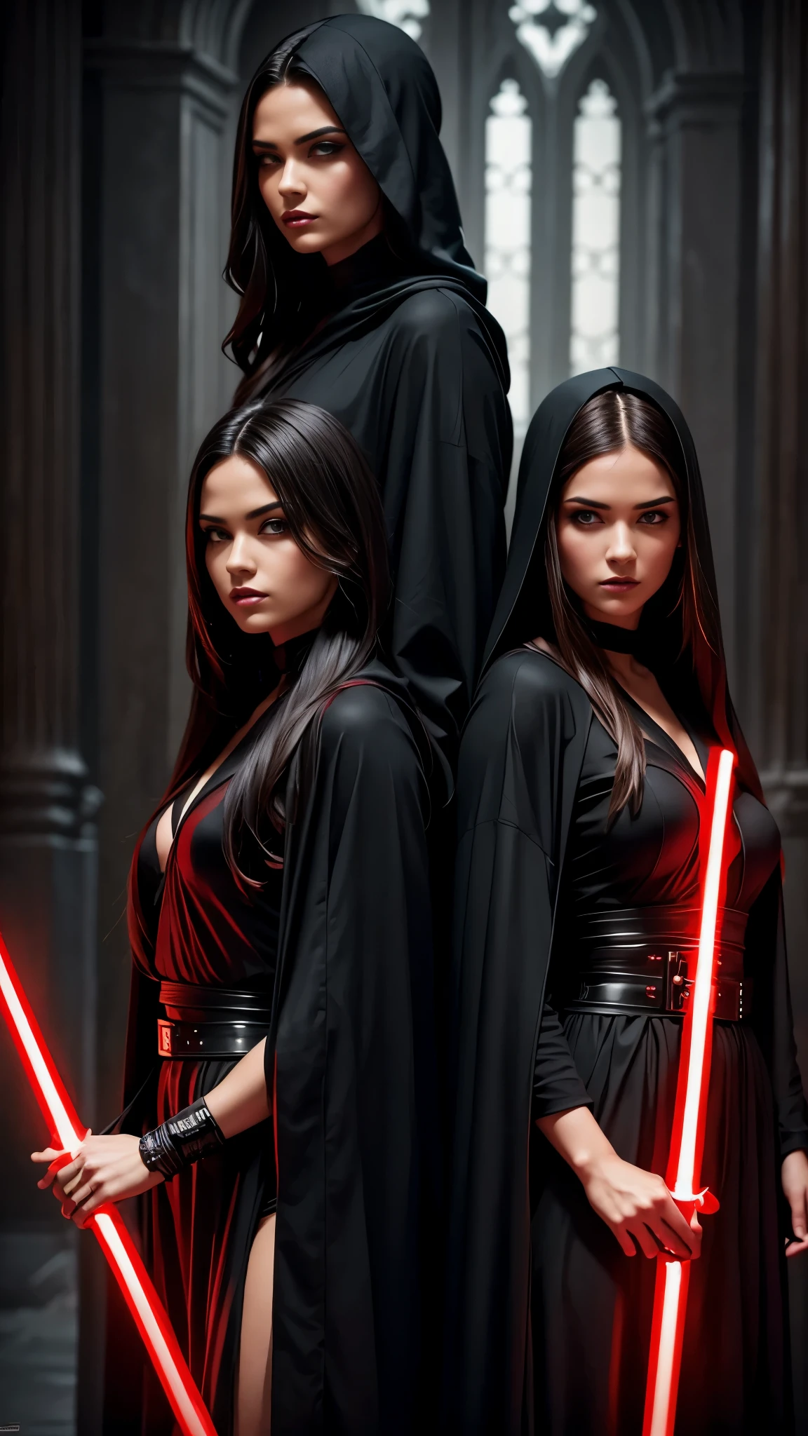 2 beautiful detailed woman with long dark hair wearing a black hooded robe, dramatic lighting,glowing red lightsaber,(2 girls,masterpiece:1.2),ultra-detailed,photorealistic,sci-fi,dramatic cinematic lighting,moody atmosphere,dark fantasy,high contrast,muted color palette