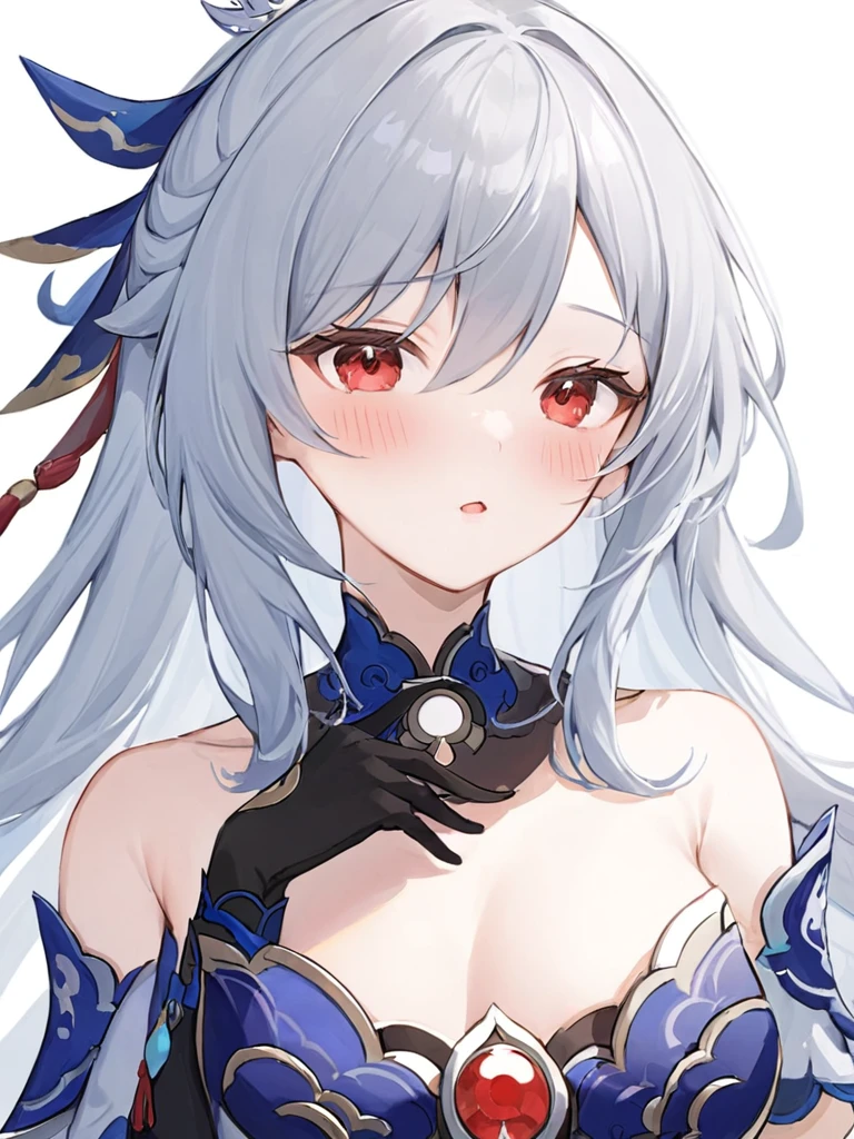 Super detailed,(Highest quality),((masterpiece)),(High resolution),original,very,Jingliu, chest, One girl, blush, Red eyes, chestの谷間, large chest, Long Hair, White Background, Simple Background, Hair between the eyes, Mouth closed, Gray Hair, Bare shoulders, gloves, dress, bangs, Upper Body, hair ornaments, Focus Only, Removable sleeves, One boy, black gloves, penis