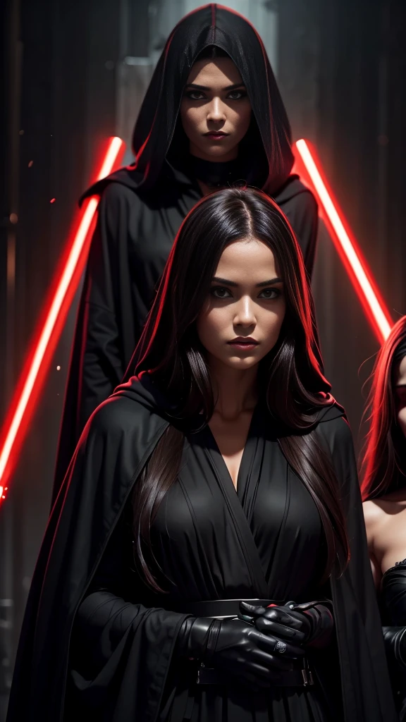 2 beautiful detailed woman with long dark hair wearing a black hooded robe, dramatic lighting,glowing red lightsaber,(2 girls,masterpiece:1.2),ultra-detailed,photorealistic,sci-fi,dramatic cinematic lighting,moody atmosphere,dark fantasy,high contrast,muted color palette