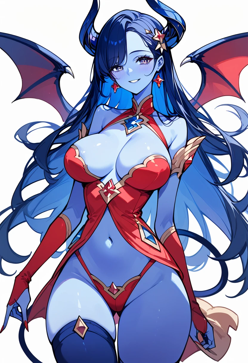 score_9, score_8_up, score_7_up, source_アニメ. (One girl:1.4) beautiful, Perfect Eyes, Perfect Face, Perfect lighting, One girl, Long Hair, Exotic Leather (Midnight blue skin:1.5) horn, Large bat-like wings, Spade Tail, Succubus, devil, seducer, (Large Breasts:1.5) Wide Hips, red gown, Sexy smile, Absurd, [Perfect shadows and lighting] Detailed Background, incredible high key lighting, Rich colors, Fantasy Background, Accurate, Anatomically correct (masterpiece:2.0) Ultra-detailed illustrations, (Highest quality:1.3), Textured skin, Attention to detail, Awards, High resolution, 超High resolution, 超High resolution, 超High resolution, 超High resolution, 超High resolution, Awards, High resolution