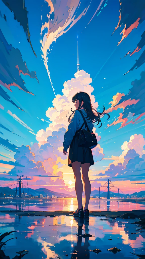 masterpiece, Exquisite detail,Highest quality, One girl, alone, handrail, cloud, buildings,Long Hair, zero, Long sleeve, Power lines, White footwear, Black Hair, Electric pole, bangs, cloudy zero, fish, bird, Green Eyes, Shorts, Day, Black Shirt, barefoot,Star,milky way,Meteors,Pitch black,Buildings,High quality anime art style，Standing painting，Splash ink background,Blue Themes,Clear Face,Distinct facial features,Fuji Mountain,Fuji Mountain,Buildings in Tokyo,Looking at me,View from behind,Shining Star々,milky way,sitting in water,Bright sky,Daytime,Looking straight ahead,Future City,train,Railroad crossing,sunset,線路を走るtrain,明るいDaytimeの空,blue sky