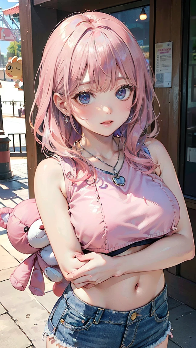 (Masterpiece, BestQuality:1.3), (ultra detailed:1.2), (hyperrealistic:1.3), (RAW photo:1.2), High detail RAW color photo, professional photograph, (Photorealistic:1.4), (realistic:1.4), (Pink Hair:1.5), professional lighting, perfect anatomy, (Big Breasts:1.2), (blush, detailed face), (A happy smile:1.7), sexly, erotic sexly, Random sexy gravure poses, (Cheerful beautiful woman wearing salmon pink crop top and denim shorts、Smiling happily while hugging a stuffed toy at an amusement park、silver heart necklace、Pose with stuffed toy。:1.3)