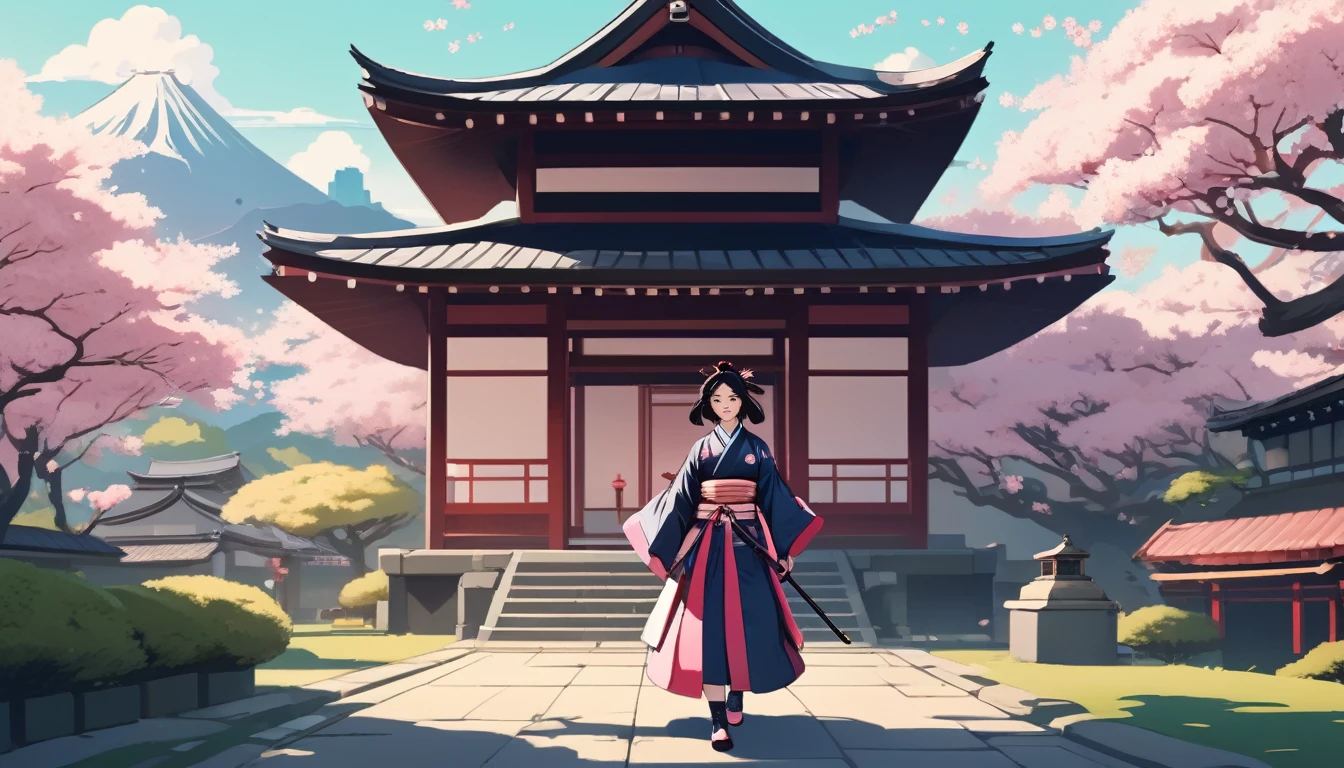 Female samurai,Background is cherry blossoms and a Japanese temple、 Wide-angle lens, Lofi Anime, Lofi illustration, Aesthetic atmosphere, Lo-Fi Style, Vector art, Flat Design, Simple shape, Warm tones, Pleasant atmosphere, Chill, In anime style, Digital drawing, Vector art, Vector logo for t-shirt printing, (Adorable:1.5), (small:1.4), (Playful:1.2), (soft:1.3), (Whimsical:1.1), masterpiece, Highest quality, 8K, Intricate details, grow, Celestial, Mysterious, Picturesque, amazing, Majestic, Magic, Fantasy art, Cover art, dream-like