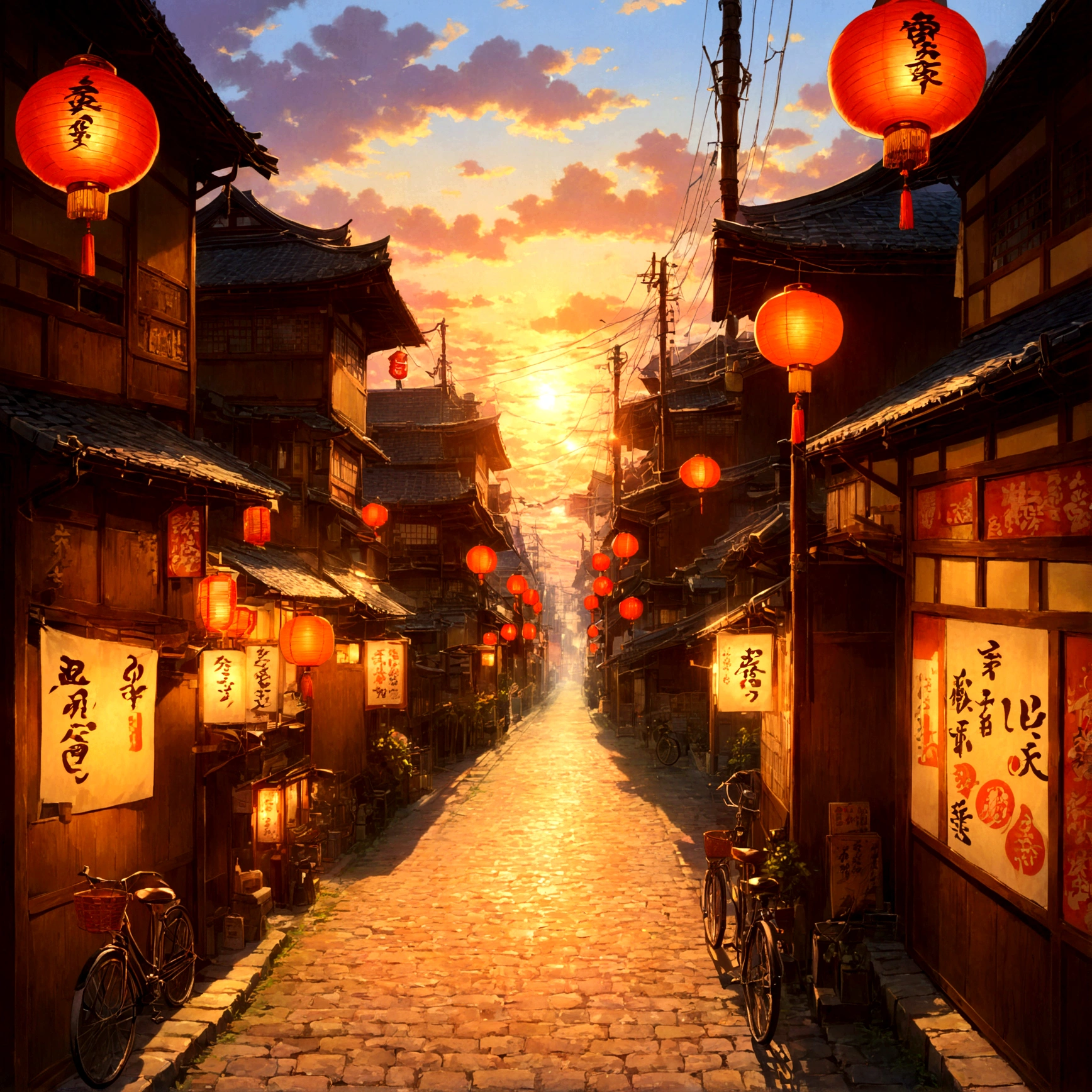 Beautiful game world, Fantasy, Furai no Shiren, Showa Retro, Shopping Street, 一people称視点, At dusk, Nostalgic, nostalgic, warm,
Cobblestone Street, Red lantern, goodwill, Wooden buildings, Showa era signboard, Electric pole, bicycle, sunset, At duskの空, Orange light, Shadow, people々Voices of, Radio Sound, Vibrancy, Bustling, どこかnostalgic雰囲気