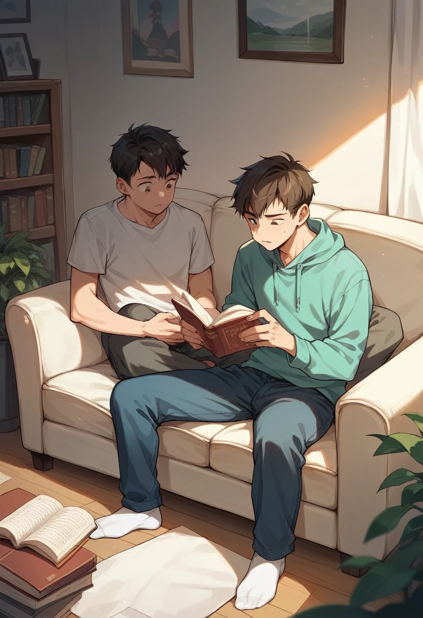2 teenage boys 15 years old, reading a book indoors on the sofa, while it's raining outside