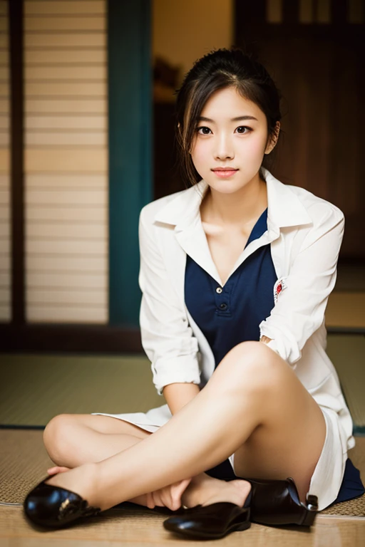 lens: 135mm f1.8,(Highest quality),(Tabletop:1.1), (Beautiful 16 year old Japanese girl),  (Moist lips), Narrow eyes, double eyelid,Delicate clavicle,Flat Chest,Shortcuts,
 (Let me me&#39;Let me&#39;Let&#39;s take another look), (close:1.4),  shame, A faint smile,
(Spotted sunlight:1.2), Dramatic lighting, 
(Taking off the uniform), (Sunburned skin:0.2),Full body photo、Full Body Focus、Sit on the floor with your legs open、Sit next to a middle-aged man、