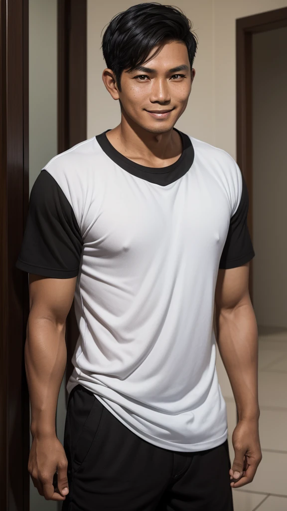 Thai man, handsome, muscular, big muscles, broad shoulders, male model wearing a black t-shirt, standing and smiling.