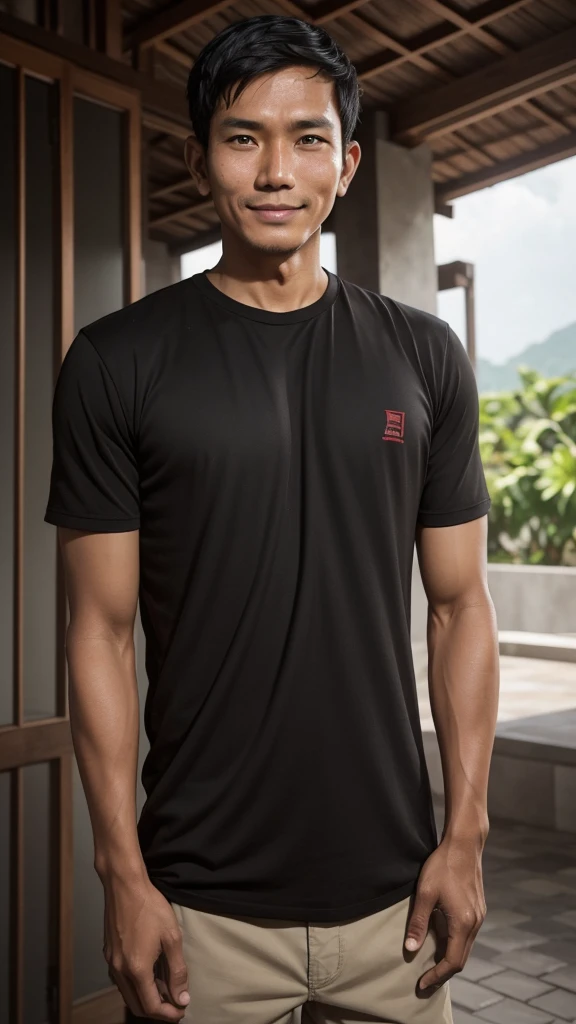 An adult Indonesian man of average build with short black hair. His dark brown eyes often reflect a mix of concern and despair. His tan skin bears fine lines on his face. Despite looking tired, his warm smile reflects his inner strength