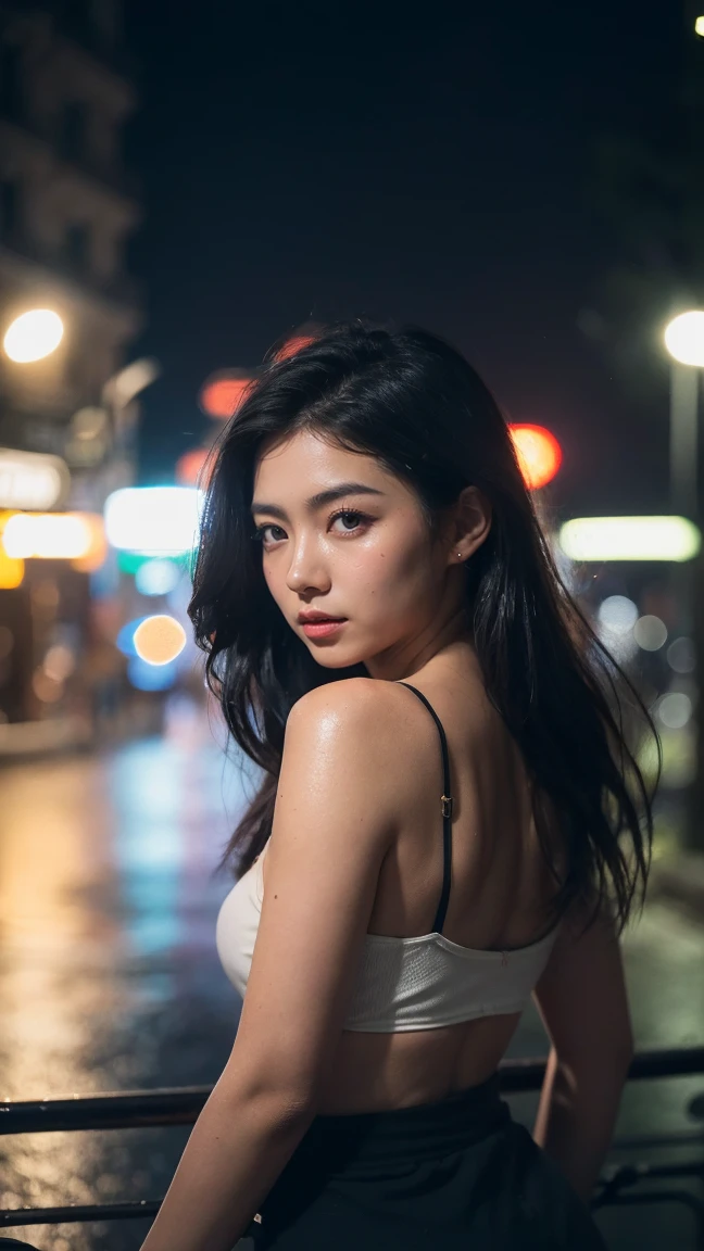 1 girl,One,long hair,rough skin,(Looking at the viewer:1.2),wet hair,micro_shorts,Dark,polaroid,(depth_from_field:1.5),rainy days,on open air,Street,hair between eyes,moody lighting,Tyndall effect,Cinematic lighting,night,lamp post,lens flare,Available light,rim light,glowing neon lights,lush,Chinese_style,