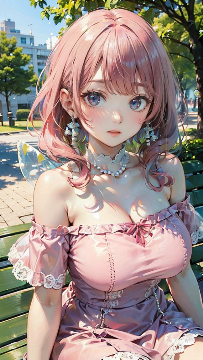 (Masterpiece, BestQuality:1.3), (ultra detailed:1.2), (hyperrealistic:1.3), (RAW photo:1.2), High detail RAW color photo, professional photograph, (Photorealistic:1.4), (realistic:1.4), (Pink Hair:1.5), professional lighting, perfect anatomy, (Big Breasts:1.2), (blush, detailed face), (A happy smile:1.7), sexly, erotic sexly, Random sexy gravure poses, (A fairy-like beauty wearing a light green off-shoulder dress、Smiling while blowing bubbles on a park bench、Pearl Anklet、Sitting on bench pose。:1.3)