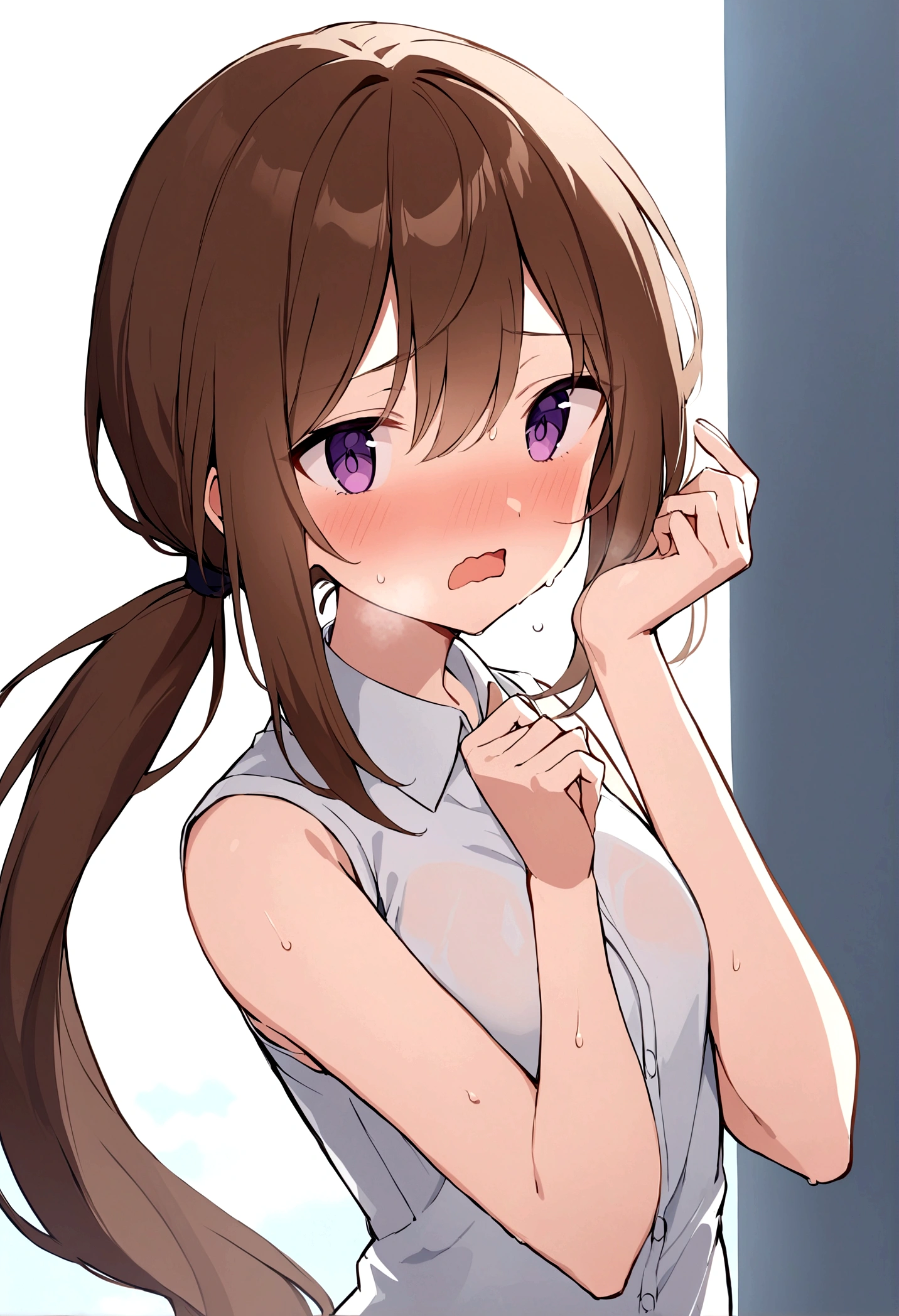 slender, mature female,blush, 1girl, shirt, bangs, white_shirt, open_mouth, solo, purple_eyes, eyebrows_visible_through_hair, collared_shirt, sweat, long_hair, sidelocks, nose_blush, brown_hair, sleeveless_dress,  sleeveless, hand_up, wavy_mouth, hair_between_eyes, ponytail, hands_up, looking_at_viewer, outdoors, looking_away, low_ponytail, sky