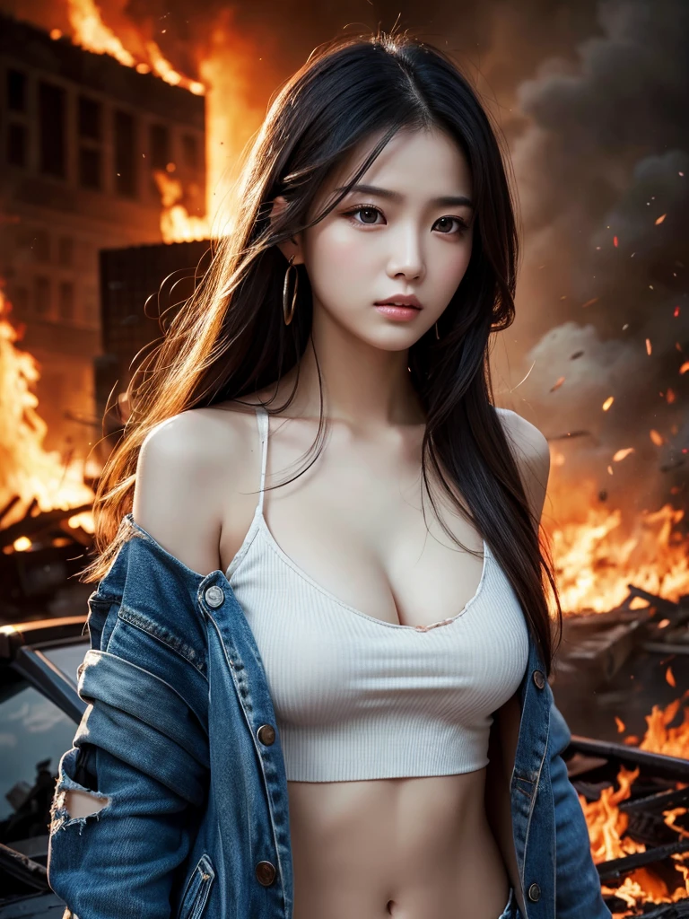 high quality、high resolution、Very beautiful woman、Very beautiful face、Beautiful eyes with slit length、Very beautiful skin、Serious look、Torn clothes、Destroyed cityscape、Burning flames