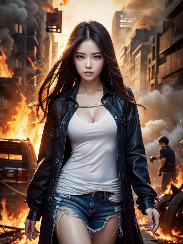 high quality、high resolution、Very beautiful woman、Very beautiful face、Beautiful eyes with slit length、Very beautiful skin、Serious look、Torn clothes、Destroyed cityscape、Burning flames