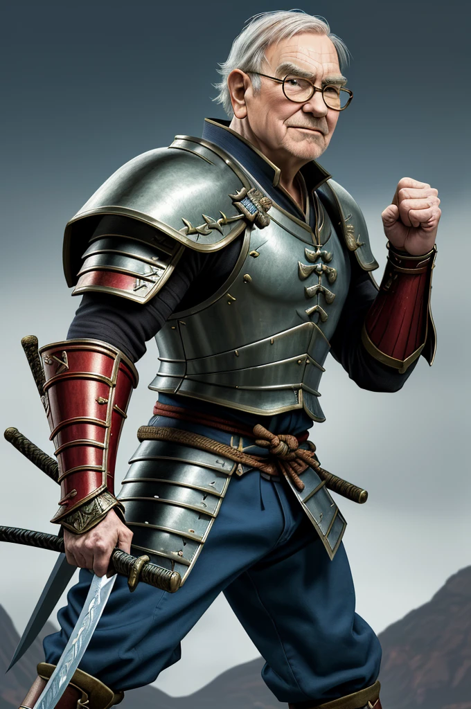 Highest quality，High resolution，((Warren Edward Buffett)) ，America，Kenshiro，Fist of the North Star，samurai，One person，warrior，armor，kimono，Fumaru，Armor，male，One personで，Middle Age，（face_Wrinkles），Swordsman，strongest，Anime Style，(Limbs)，(Full Finger)，(Accurate fingertips), (The finer details), (Super detailed)，(Japanese sword:)，4K，(high resolution)，whole body, (Front angle), Looking at the camera,masterpiece，(Subtle details)，(Intricate details)，Octane Rendering，(Hyper Detail)，