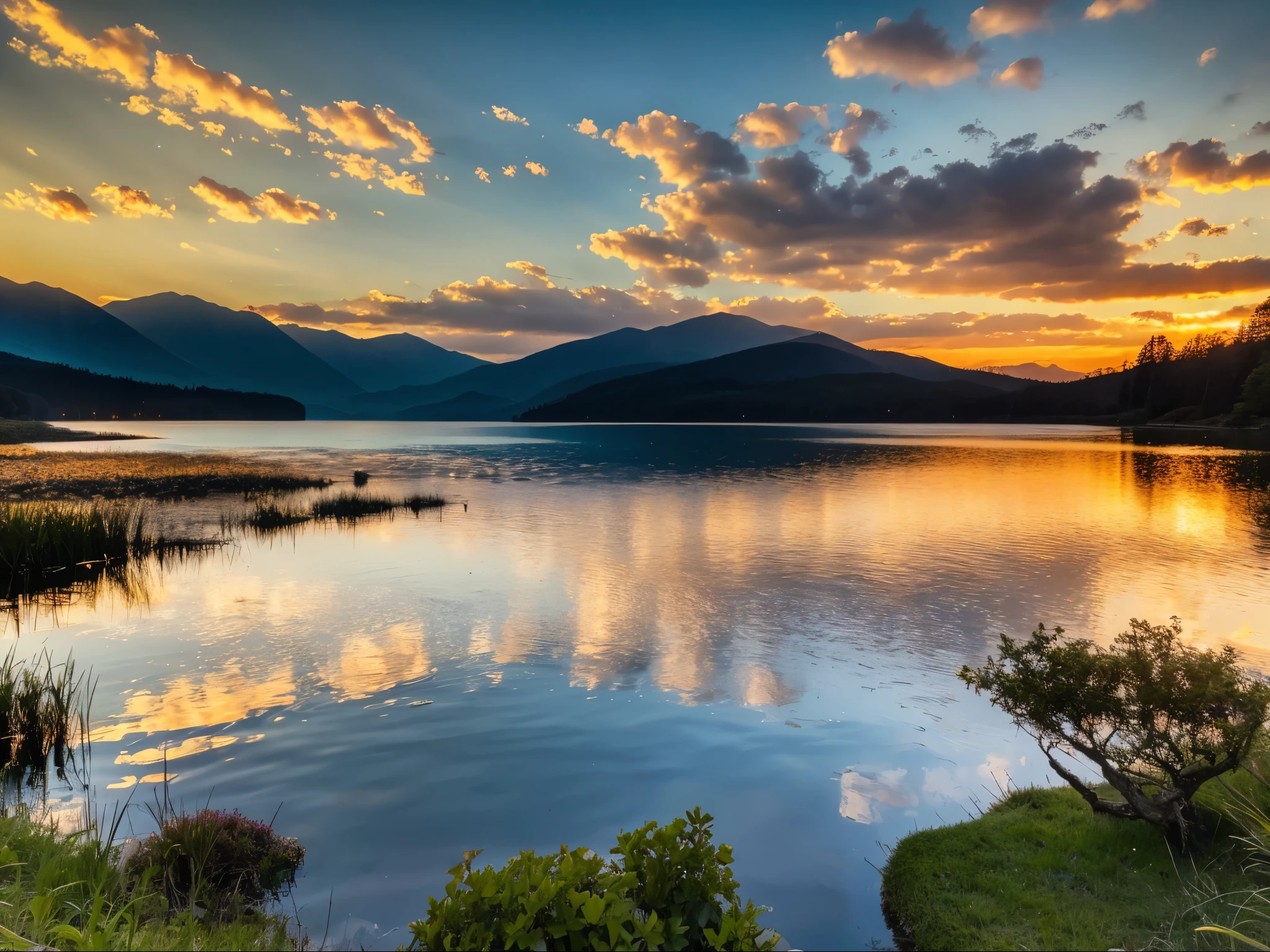 sunset over the lake, lake, serene lake, calm water, reflection, golden sun, dramatic sky, colorful clouds, warm light, atmospheric, tranquil, peaceful, idyllic, stunning scenery, beautiful landscape, picturesque, (best quality,4k,8k,highres,masterpiece:1.2),ultra-detailed,(realistic,photorealistic,photo-realistic:1.37),landscape, nature, outdoor scene