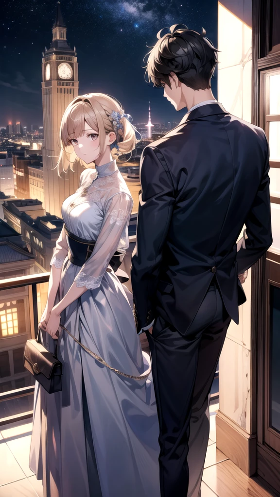 masterpiece, Anime stills, Intricate details, 超High resolution, 4K, High resolution, Eye Detail, (One girl, One boy,) ((Standing back to back)), ((Tall Man, Short Woman)), Looking at the audience, At night, School rooftop

