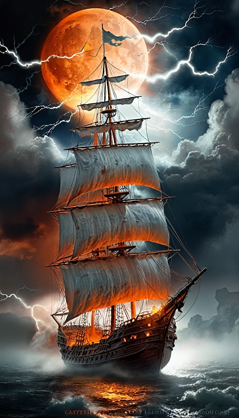 Dark Fantasy Background.Big ghost ship.Clouds with lightning.A hazy white and orange moon.A lamp on a ghost ship.Overall fog.
