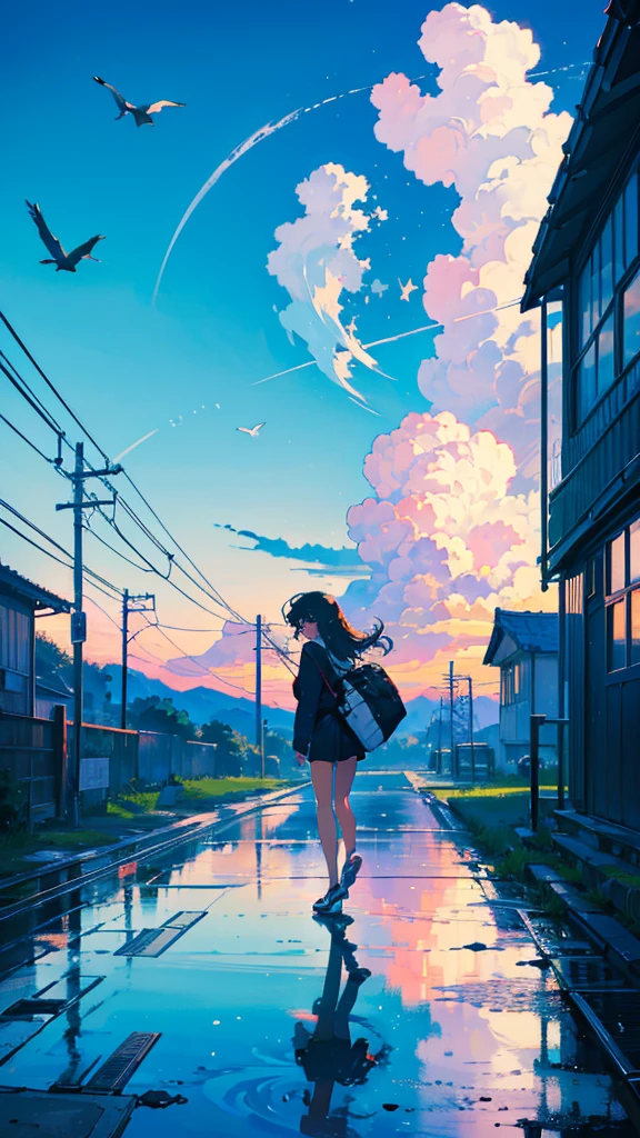 masterpiece, Exquisite detail,Highest quality, One girl, alone, handrail, cloud, buildings,Long Hair, NULL, Long sleeve, Power lines, White footwear, Black Hair, Electric pole, bangs, cloudy NULL, fish, bird, Green Eyes, Shorts, Day, Black Shirt, barefoot,Star,milky way,Meteors,Pitch black,Buildings,High quality anime art style，Standing painting，Splash ink background,Blue Themes,Clear Face,Distinct facial features,Fuji Mountain,Fuji Mountain,Buildings in Tokyo,Looking at me,View from behind,Shining Star々,milky way,sitting in water,Bright sky,Daytime,Looking straight ahead,Future City,train,Railroad crossing,sunset,A train running on the tracks