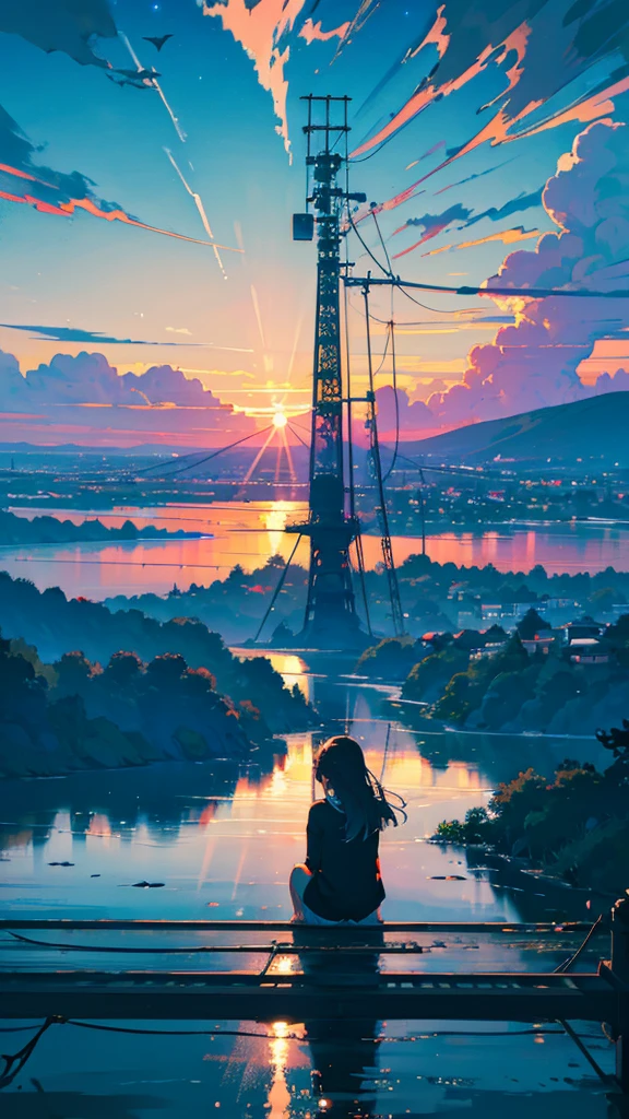 masterpiece, Exquisite detail,Highest quality, One girl, alone, handrail, cloud, buildings,Long Hair, NULL, Long sleeve, Power lines, White footwear, Black Hair, Electric pole, bangs, cloudy NULL, fish, bird, Green Eyes, Shorts, Day, Black Shirt, barefoot,Star,milky way,Meteors,Pitch black,Buildings,High quality anime art style，Standing painting，Splash ink background,Blue Themes,Clear Face,Distinct facial features,Fuji Mountain,Fuji Mountain,Buildings in Tokyo,Looking at me,View from behind,Shining Star々,milky way,sitting in water,Bright sky,Daytime,Looking straight ahead,Future City,train,Railroad crossing,sunset,A train running on the tracks