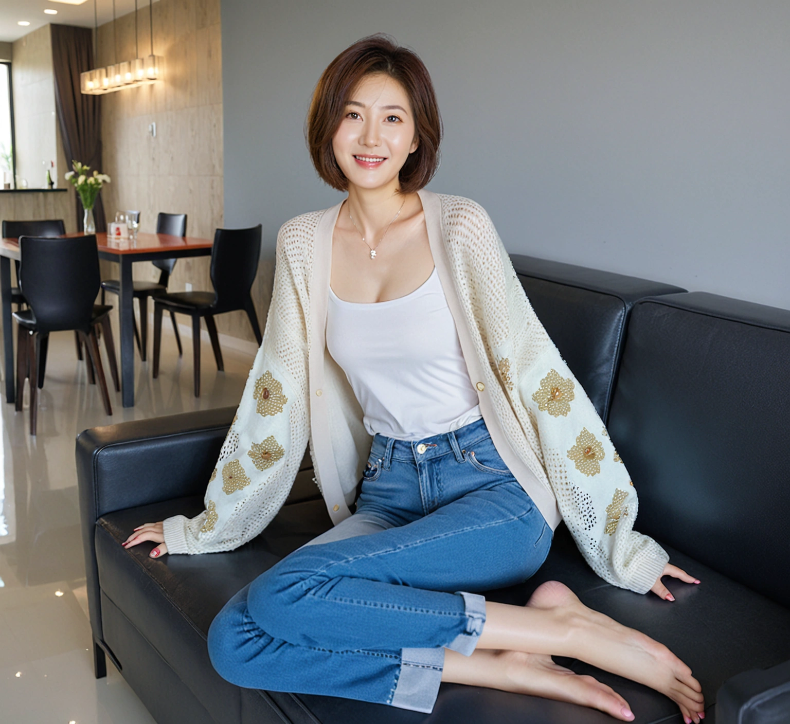 Beautiful Korean Woman , 32 inch chest size, Your eyes are big and pretty. Wearing a high-end luxury brand cardigan, Casual jeans, short medium hair, Smile. sit on the sofa , uhd