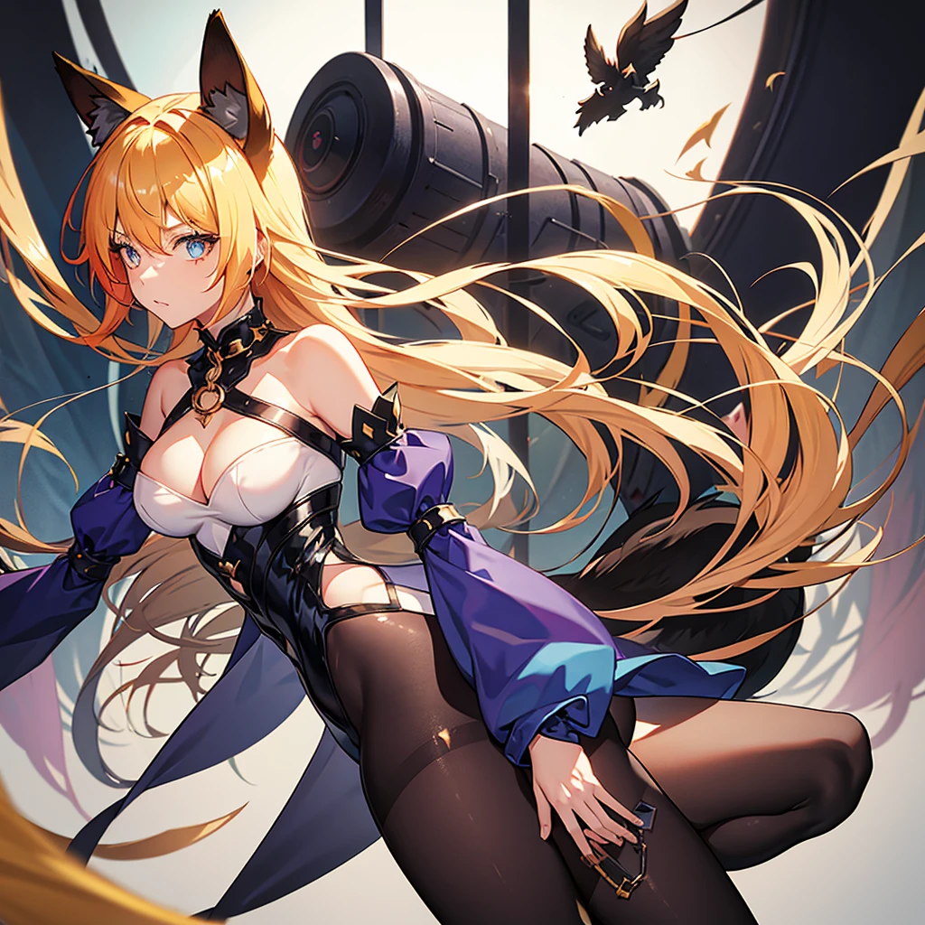 1 girl, detached sleeves, neckleace, multicolored hair, hair blonde, Bblack hair, animal ears, pantyhose, multiple tails, trunk, lindo rosto, perfectbody, glare eyes, work of art, best qualityer, focus on details