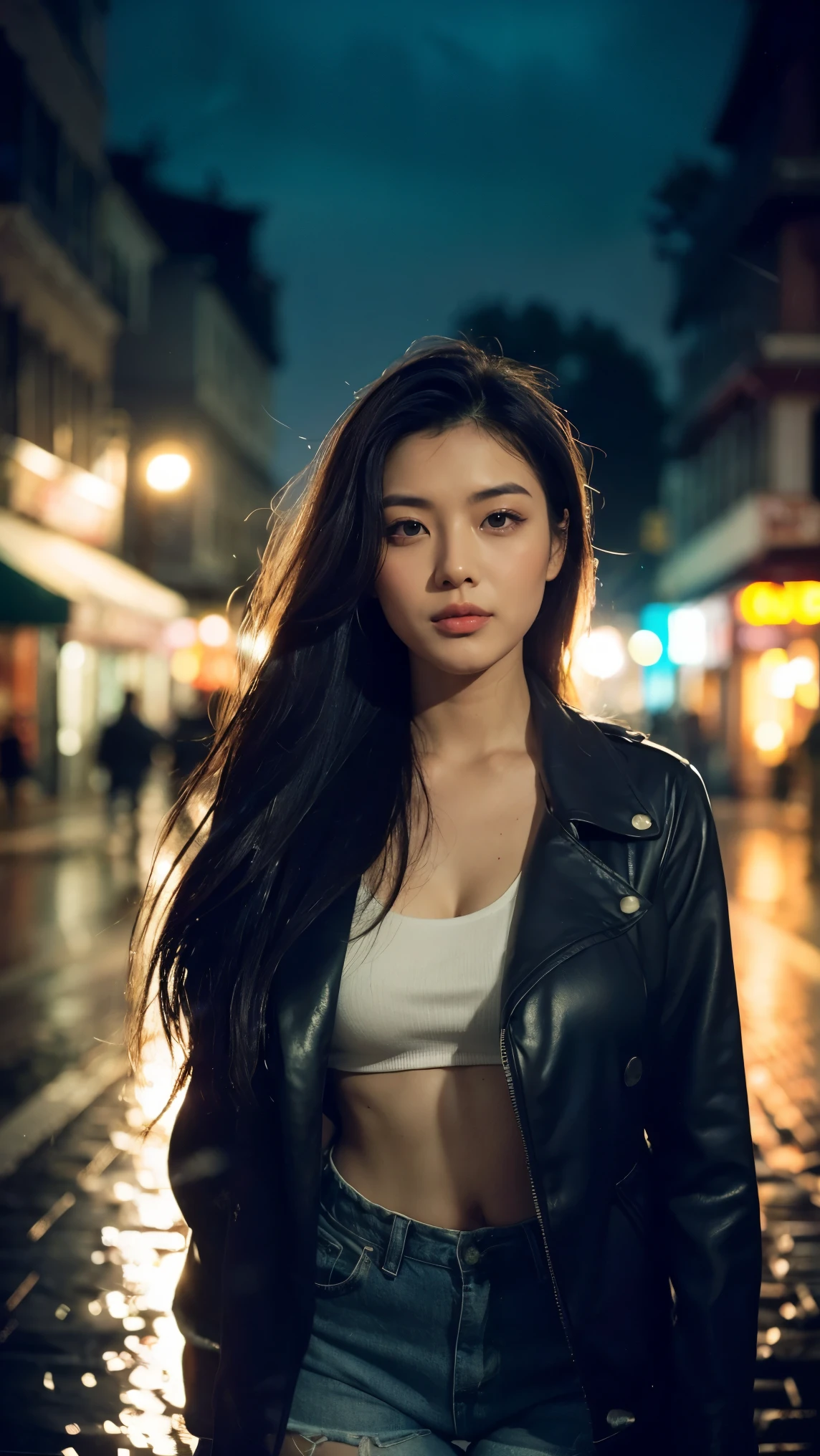 1 girl,One,long hair,rough skin,(Looking at the viewer:1.2),wet hair,micro_shorts,Dark,polaroid,(depth_from_field:1.5),rainy days,on open air,Street,hair between eyes,moody lighting,Tyndall effect,Cinematic lighting,night,lamp post,lens flare,Available light,rim light,glowing neon lights,lush,Chinese_style,