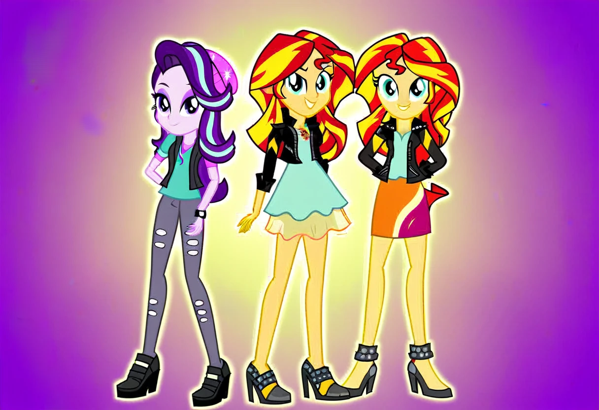 duo female, two girls, score_9, cartoon, human, equestria girls, sunset shimmer, starlight glimmer, miniskirt, high heels, duo female, vector, show accurative, light colors, cartoon. Sunset Shimmer and Starlight Glimmer are standing. Sunset Shimmer are wearing miniskirt, high heels and zippered jackets she is also wearing lipstick and painted eyelids. Starlight Glimmer are wearing miniskirt, high heels and zippered jackets she is also wearing lipstick and painted eyelids. Sunset and Starlight are smiling, looking at you, evil grin, evil smile