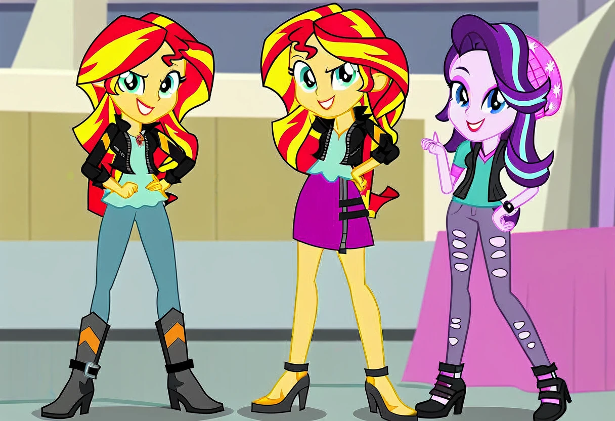 duo female, two girls, score_9, cartoon, human, equestria girls, sunset shimmer, starlight glimmer, miniskirt, high heels, duo female, vector, show accurative, light colors, cartoon. Sunset Shimmer and Starlight Glimmer are standing. Sunset Shimmer are wearing miniskirt, high heels and zippered jackets she is also wearing lipstick and painted eyelids. Starlight Glimmer are wearing miniskirt, high heels and zippered jackets she is also wearing lipstick and painted eyelids. Sunset and Starlight are smiling, looking at you, evil grin, evil smile