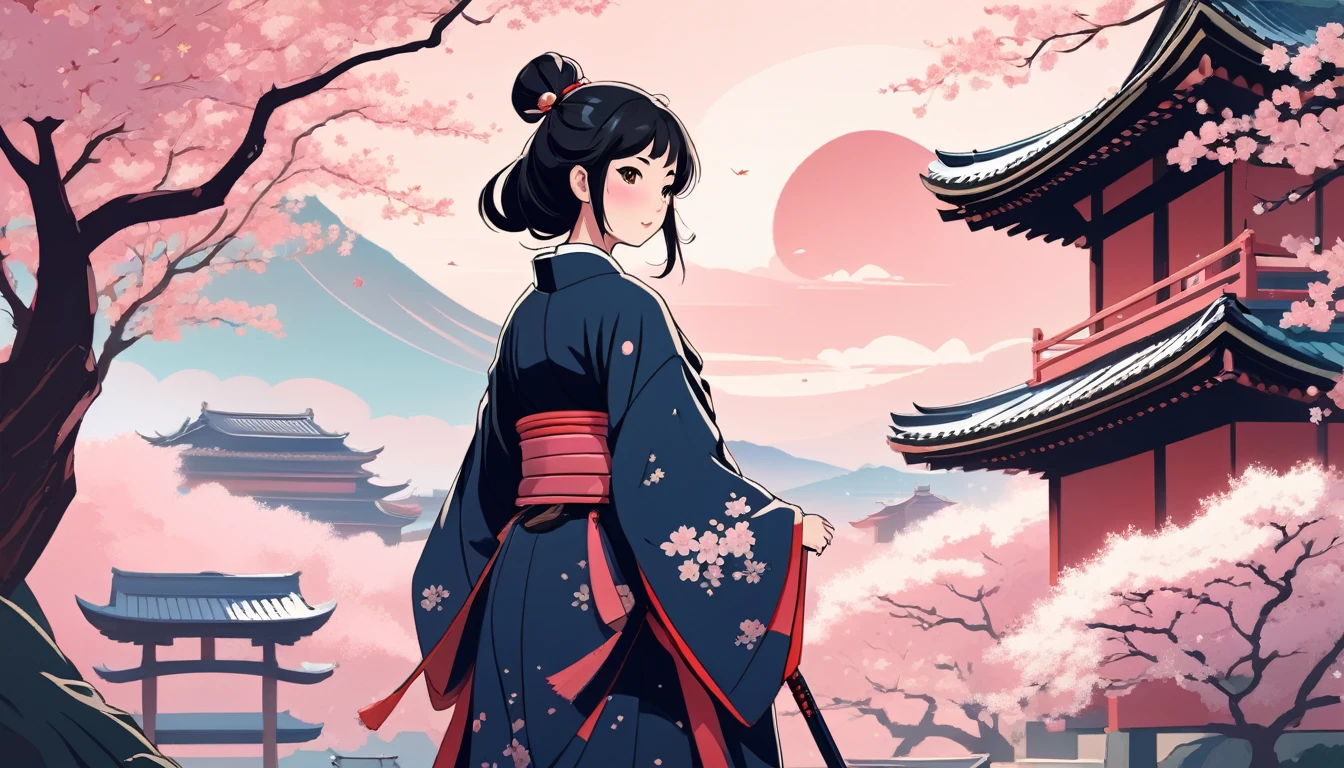 Female samurai,Background is cherry blossoms and a Japanese temple、 Wide-angle lens, Lofi Anime, Lofi illustration, Aesthetic atmosphere, Lo-Fi Style, Vector art, Flat Design, Simple shape, Warm tones, Pleasant atmosphere, Chill, In anime style, Digital drawing, Vector art, Vector logo for t-shirt printing, (Adorable:1.5), (small:1.4), (Playful:1.2), (soft:1.3), (Whimsical:1.1), masterpiece, Highest quality, 8K, Intricate details, grow, Celestial, Mysterious, Picturesque, amazing, Majestic, Magic, Fantasy art, Cover art, dream-like