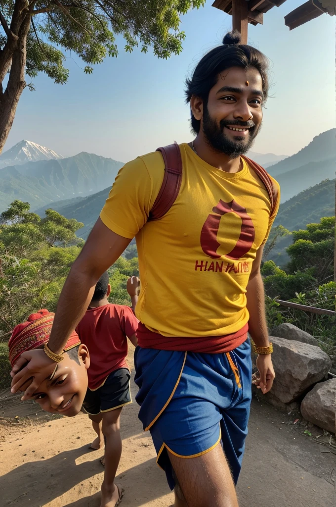 18 years old boy walking and hanuman coming after him and hanuman's hand putting on Boy head on mountains. Both are smiling. boy is wearing saffron t-shirt and name "CHAITANYA" write on it with bold. he looks very realistic, cute, tilak Deccan on your head, and happy. very realistic pictures, high quality picture, realistic mountain, forest moment.sun lights reflection , the words"Happy Hanuman Janmotsav" write top Sky. make sure text must be correct & Visible. 