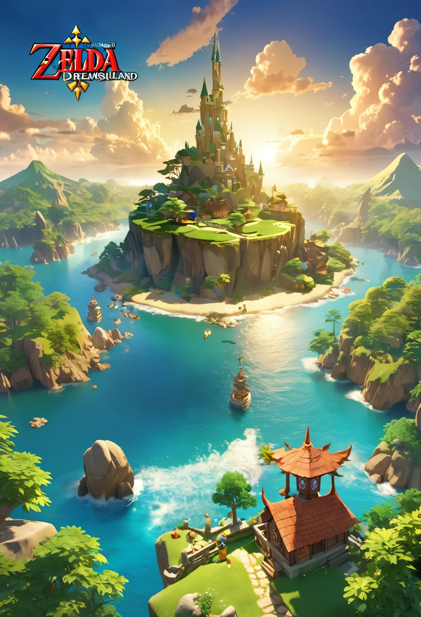 The Legend of Zelda, Dreaming Island, Official Fan Art, First Grand Prize Winner, Fantasy adventure RPG, Charming character, Full 3D CG, Optimized Octa Rendering, Aesthetic posters that attract new players,