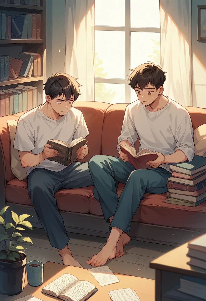 2 teenage boys 15 years old, reading a book indoors on the sofa, while it's raining outside