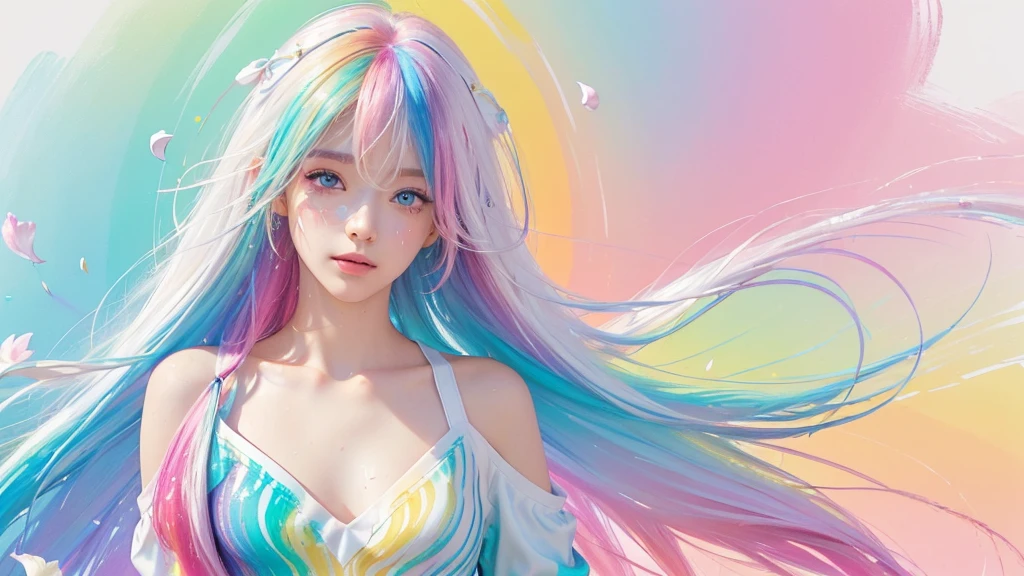 (Pink Fashion T-shirt:1.9),(Colorful hair: 1.8), (all the colours of the rainbow: 1.8),(((((vertical painting:1.6))), (painting:1.6),front, comics, illustrations, paintings, large eyes, crystal clear eyes,( rainbow color gradient high ponytail:1.7), exquisite makeup, closed mouth,(Small Fresh: 1.5),(Wipe Chest: 1.6) ,long eyelashes, white off shoulder T-shirt, White Shoulder Shirt,looking at the audience, large watery eyes, (rainbow colored hair:1.6), color splash, (solo:1.8), color splash, color explosion, thick paint style, messy lines, ((shining)),(colorful), (colorful), (colorful), colorful, Thick Paint Style, (Splash) (Color Splash), Vertical Painting, Upper Body, Paint Splash, Acrylic Pigment, Gradient, Paint, Highest Image Quality, Highest Quality, Masterpiece, Solo, Depth of Field, Face Paint, colorful clothes, (Elegant: 1.2), gorgeous,long hair, wind, (Elegant: 1.3), (Petals: 1.4),(((masterpiece))),(((best quality))),((ultra-detailed)),(illustration),(dynamic angle),((floating)),(paint),((disheveled hair)),(solo),(1girl) , (((detailed anima face))),((beautiful detailed face)),collar,bare shoulders,white hair, ((colorful hair)),((streaked hair)),beautiful detailed eyes,(Gradient color eyes),(((colorful eyes))),(((colorful background))),(((high saturation))),(((surrounded by colorful splashes))),all bodies, same colored back grounds, Make the background bigger than the face, Mainly in the background, the face is small, I want the person to be on the right or left, angel image, Goddess, Goddess,sexy,soft,,fantastic,sparkling