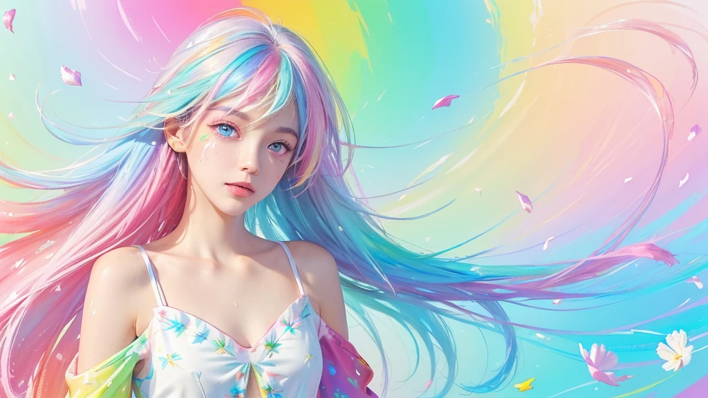 （Pink Fashion T-shirt：1.9），(Colorful hair: 1.8), (all the colours of the rainbow: 1.8),(((((vertical painting：1.6))), （painting：1.6），front, comics, illustrations, paintings, large eyes, crystal clear eyes,（ rainbow color gradient high ponytail：1.7）, exquisite makeup, closed mouth,(Small Fresh: 1.5),(Wipe Chest: 1.6) ，long eyelashes, white off shoulder T-shirt,  White Shoulder Shirt，looking at the audience, large watery eyes, (rainbow colored hair：1.6), color splash, （solo：1.8）, color splash, color explosion, thick paint style, messy lines, ((shining))，(colorful), (colorful), (colorful), colorful, Thick Paint Style, (Splash) (Color Splash), Vertical Painting, Upper Body, Paint Splash, Acrylic Pigment, Gradient, Paint, Highest Image Quality, Highest Quality, Masterpiece, Solo, Depth of Field, Face Paint,  colorful clothes, (Elegant: 1.2), gorgeous,long hair, wind, (Elegant: 1.3), (Petals: 1.4)，(((masterpiece))),(((best quality))),((ultra-detailed)),(illustration),(dynamic angle),((floating)),(paint),((disheveled hair)),(solo),(1girl) , (((detailed anima face))),((beautiful detailed face)),collar,bare shoulders,white hair, ((colorful hair)),((streaked hair)),beautiful detailed eyes,(Gradient color eyes),(((colorful eyes))),(((colorful background))),(((high saturation))),(((surrounded by colorful splashes))),all bodies, same colored back  grounds, Make the background bigger than the face, Mainly in the background, the face is small, I want the person to be on the right or left, angel image, Goddess, Goddess,sexy,soft,,fantastic,sparkling 