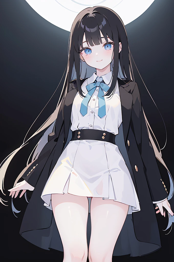 masterpiece, 8K, Detailed face, best quality, Must be created as described,  (1 girl, alone, 20 years old, 158cm), (Black hair, long hair, Straight Hair, Bangs), (innocent, Big blue eyes like diamonds), (fair skin), (Wearing a simple white shirt, Shirt length no longer than thigh), (Black panties, briefs, Low waist style, Show your thighs), (Wearing only white socks), (Has black leather collar), (The expression looks shy, but with a smile), (light black background, Full body portrait, Facing the audience, Stand Up Straight, symmetry)