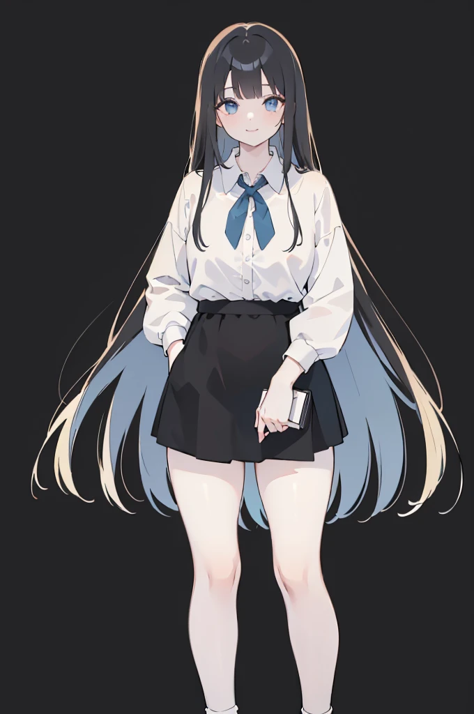 masterpiece, 8K, Detailed face, best quality, Must be created as described,  (1 girl, alone, 20 years old, 158cm), (Black hair, long hair, Straight Hair, Bangs), (innocent, Big blue eyes like diamonds), (fair skin), (Wearing a simple white shirt, Shirt length no longer than thigh), (Black panties, briefs, Low waist style, Show your thighs), (Wearing only white socks), (Has black leather collar), (The expression looks shy, but with a smile), (light black background, Full body portrait, Facing the audience, Stand Up Straight, symmetry)
