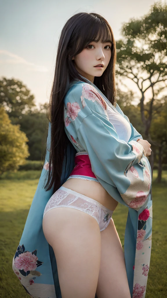 ((Highest quality)), ((masterpiece)), (detailed), Surreal,1人のgirl, sexy,Medium to long hair, girl, Traditional Kimono, Calm expression,The lower half of the body is covered with undergarments, background, a few trees, Pale gradation sky, Fine lineart, Soft Shadows, Sparkling details