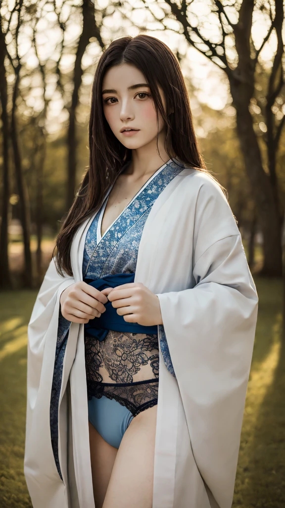 ((Highest quality)), ((masterpiece)), (detailed), Surreal,1人のgirl, sexy,Medium to long hair, girl, Traditional Kimono, Calm expression,The lower half of the body is covered with undergarments, background, a few trees, Pale gradation sky, Fine lineart, Soft Shadows,  Sparkling details