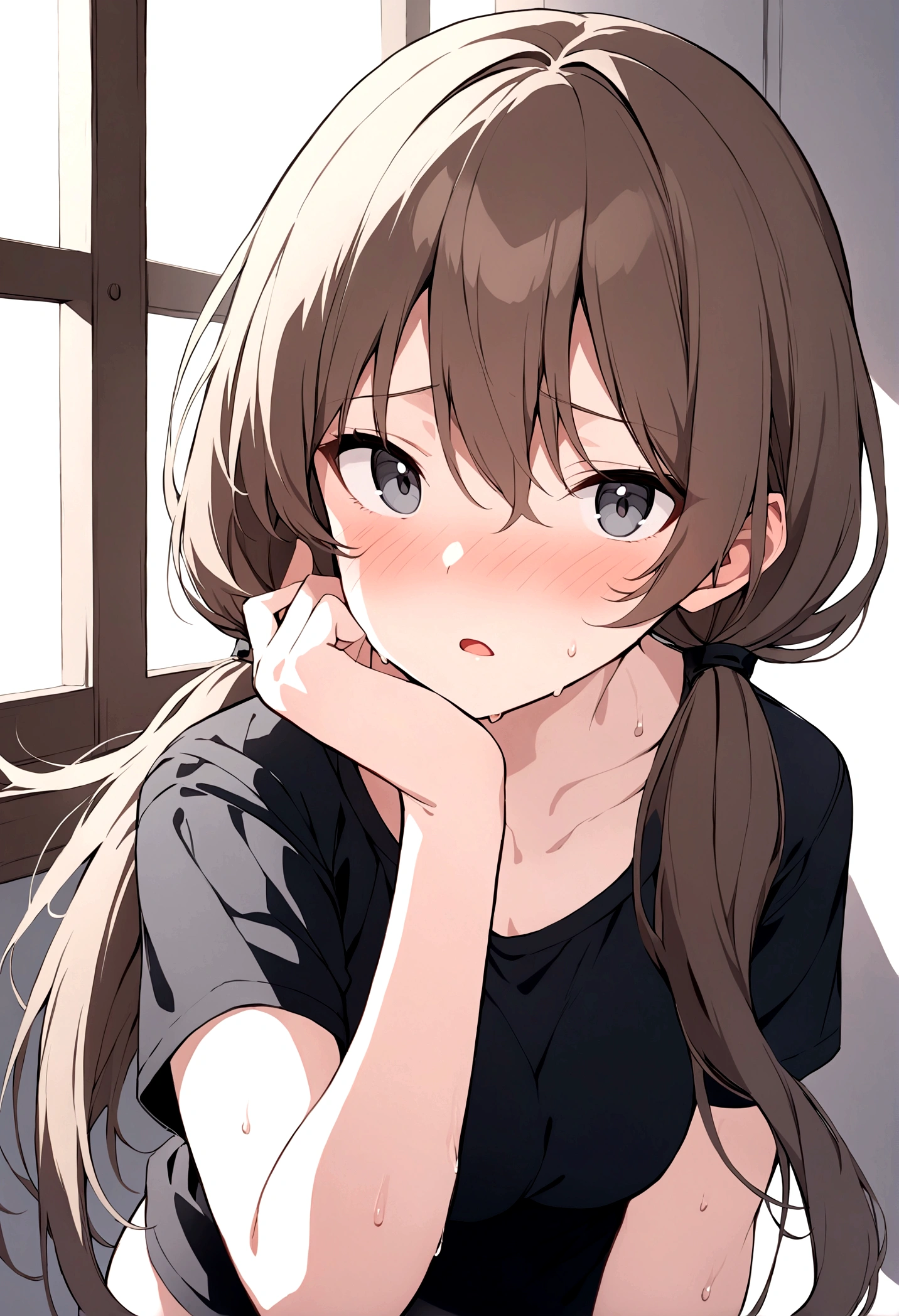 slender, mature female,1girl, blush, black_shirt, shirt, solo, short_sleeves, bangs, eyebrows_visible_through_hair, long_hair, hair_between_eyes, indoors, sweat, looking_at_viewer, brown_hair, ponytail, low_ponytail, open_mouth, twintails, low_twintails, window, parted_lips, nose_blush, grey_eyes, looking_to_the_side