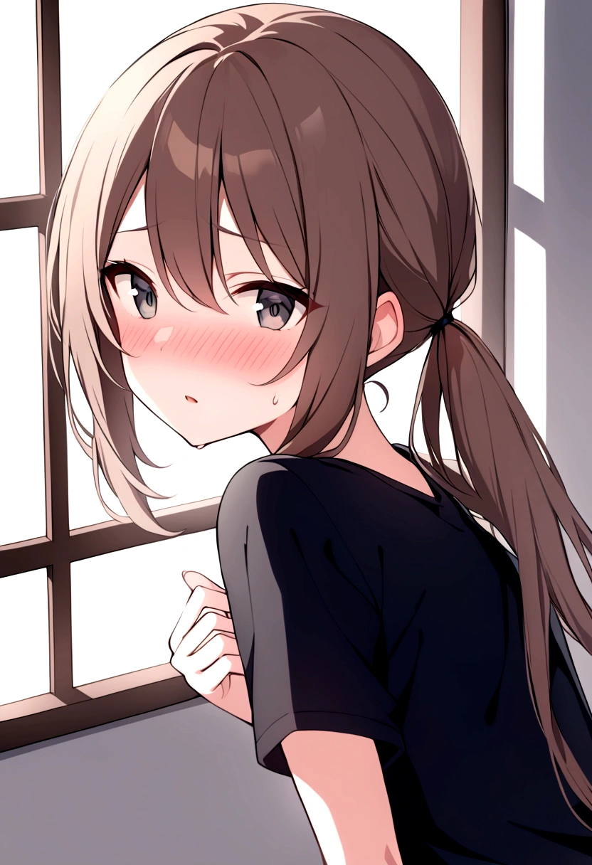 slender, mature female,1girl, blush, black_shirt, shirt, solo, short_sleeves, bangs, eyebrows_visible_through_hair, long_hair, hair_between_eyes, indoors, sweat, looking_at_viewer, brown_hair, ponytail, low_ponytail, open_mouth, twintails, low_twintails, window, parted_lips, nose_blush, grey_eyes, looking_to_the_side