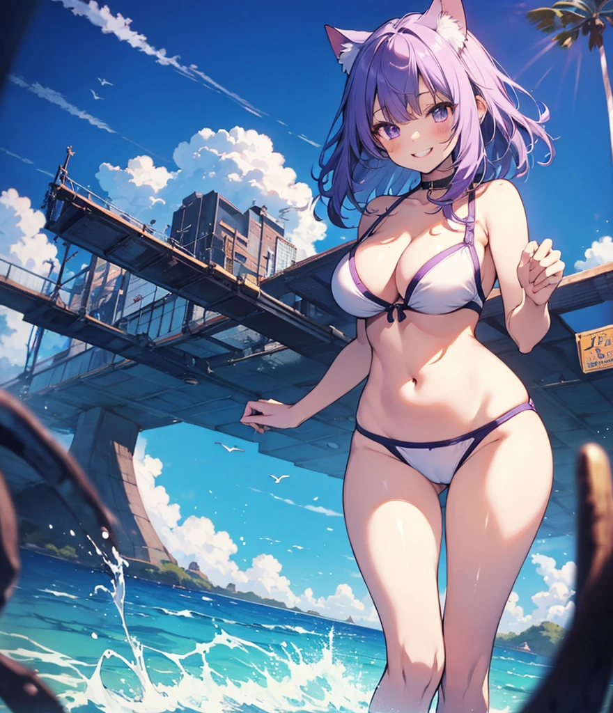 (masterpiece), (Top quality anime illustrations), Emphasize cleavage、Swimwear、Cat porridge、Purple hair color、Swimwear、Titty fuck、Show your legs、Showing off big breasts、nude、Big Breasts、Beautiful breasts、Grinning smile、Beautiful whole body、Plump thighs、No clothes