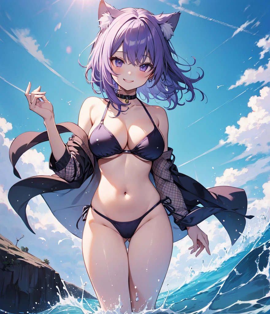 (masterpiece), (Top quality anime illustrations), Emphasize cleavage、Swimwear、Cat porridge、Purple hair color、Swimwear、Titty fuck、Show your legs、Showing off big breasts、nude、Big Breasts、Beautiful breasts、Grinning smile、Beautiful whole body、Plump thighs、No clothes