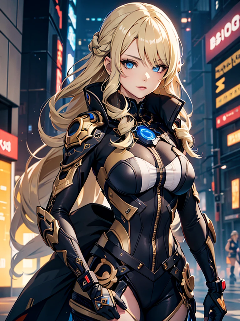 Navia from Genshin impact, 1woman, wearing a futuristic cyberpunk outfit, at future city, blonde colour hair style, 8k, high detailed, high quality